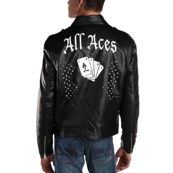 New! GUESS Men's Robertson Aces Faux Leather Moto Stud Jacket